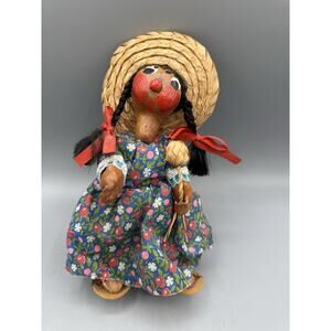 Vintage Folk Art Doll Straw Hat Braided Hair Floral Dress Handcrafted 8”